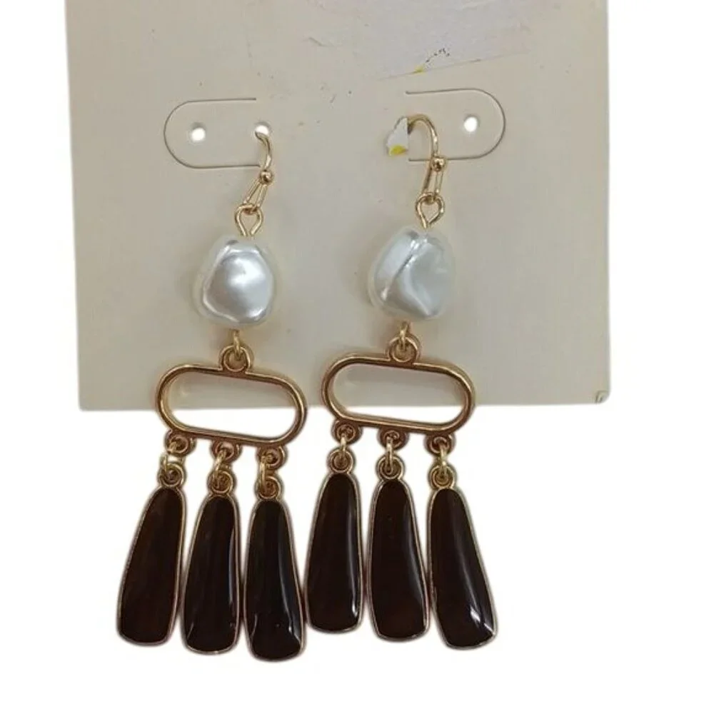 A New Day Womens Earrings Drop Dangle Gold Brown Pearl Accent Nickel Free